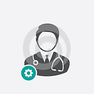 Doctor icon with settings sign. Doctor icon and customize, setup, manage, process symbol