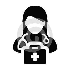 Doctor icon vector female person profie avatar with Stethoscope and first aid kit bag for Medical Consultation