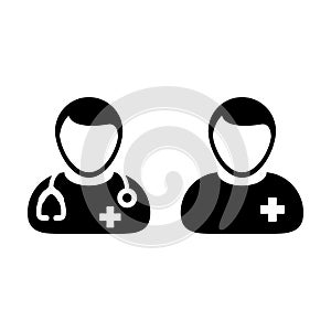 Doctor icon vector male person profile avatar with stethoscope for patient medical consultation in glyph pictogram