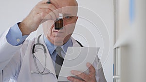 Doctor Image with a Medical Document in Hand Looking to Medicament`s