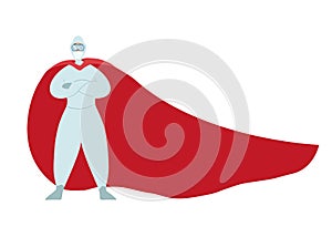 Doctor Infectious Disease Superhero. Infectionist in a mask, suit and red fluttering cloak on a white background. The modern hero