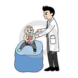 Doctor inject vaccine to baby, vector design illustration hand drawn