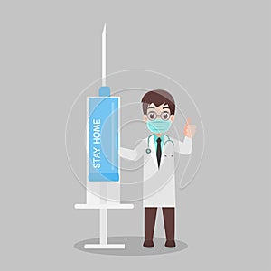 Doctor with injection needle character for vaccinate