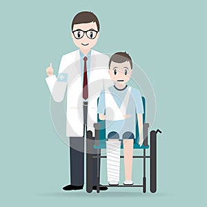Doctor and Injury man in bandage and wheelchair icon.Medical sign icon
