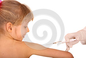 Doctor inoculate child vaccination of syringe.