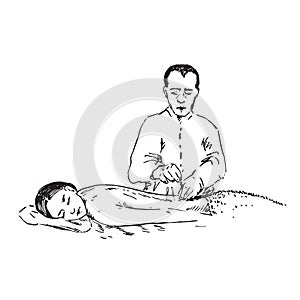 Doctor insert acupuncture needles in laying woman`s back, hand drawn doodle, sketch in pop art style, black and white