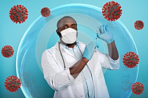 Doctor inside a glass sphere found a solution to protect himself against covid19 coronaviruses. photo