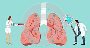 Doctor inspecting the affected of damaged from Coronavirus cells on lung by magnifying glass. Doctor fight CoVID-19 by hypodermic