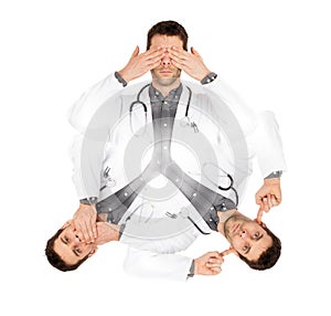 Doctor isolated on white - Sees, hears and speaks no evil