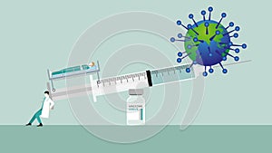 Doctor keeping balance of syringe on vaccine bottle for virus and infected patient