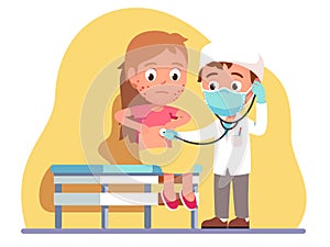 Doctor kid in mask examining ill person with rash