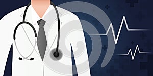 Doctor lab coat with stethoscope close up on medical background.