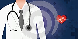 Doctor lab coat with stethoscope close up on medical background. Web banner with medical character. Vector illustration.