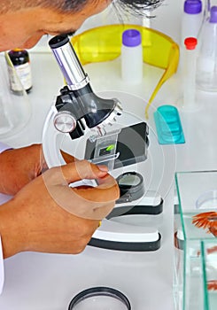 The doctor  with lab equipment in clean room using microscope looking the sample and record