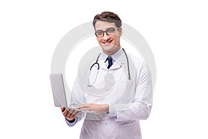 The doctor with laptop isolated on white background