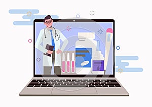 Doctor on laptop screen. Online advice on quarantine treatment and medication. Flat illustration isolated on a white background. W