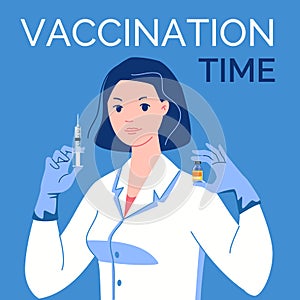 Doctor in latex gloves with syringe and vaccine in his hands. Vaccination time. Vector. Illustration. Flat. Cartoon