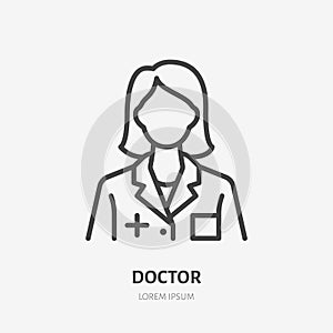 Doctor line icon, vector pictogram of woman physician with stethoscope. Lady hospital worker illustration, nurse sign