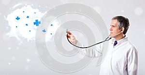 Doctor listening to abstract cloud with medical signs