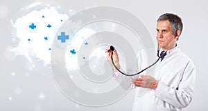 Doctor listening to abstract cloud with medical signs