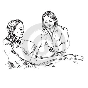 Doctor listens with a stethoscope to a pregnant woman`s belly, hand drawn doodle, sketch