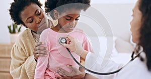 Doctor, little girl and stethoscope for examination in home for health, respiratory system and wellness. Mother, kid and