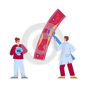 Doctor looking at cholesterol in artery with magnifying glass, flat vector illustration isolated on white background.