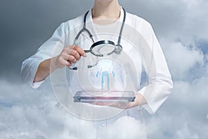 A doctor looking at the digital human body model through a magnifier