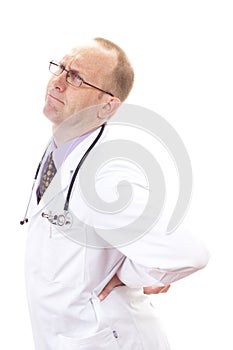 Doctor looking pained due to backache photo