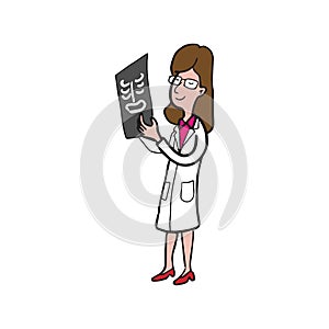 Doctor looking at x-ray film cartoon drawing woman