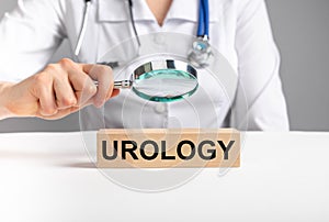 Doctor with magnifying glass checking patient urology. Urologist performing physical exam. Diagnosing urologic problems