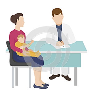 Doctor make cartoon child examination in hospital, vector illustration. Professional medical care about patient illness.