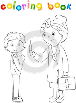 Doctor makes vaccination to the patient. Coloring book for kids