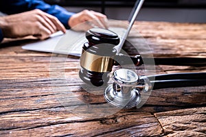 Doctor Malpractice Court. Law Gavel And Stethoscope