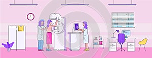 Doctor mammography vector illustration, cartoon flat line woman patient character on checkup for breast diagnosis in