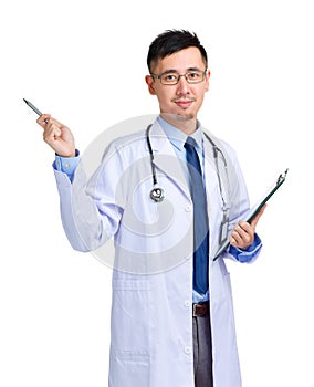 Doctor man hold with clipboard and pen point up