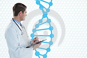 Doctor man holding a folder with DNA strand