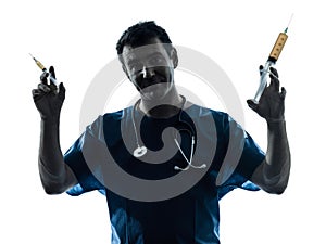 Doctor man holding hypodermic syringe silhouette