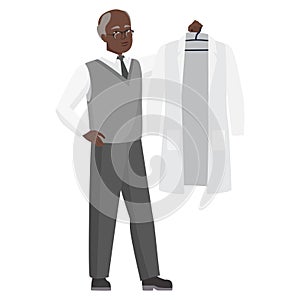 Doctor man holds white coat uniform