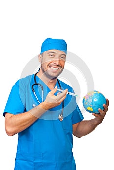 Doctor man immunize earth globe photo