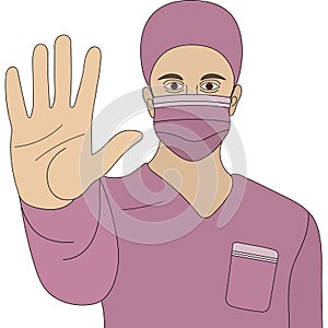 Doctor man in a medical mask and uniform shows a hand gesture - stop. Colored vector illustration. Palm forward gesture.