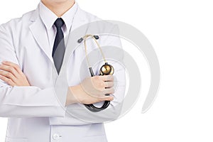 Doctor man posting and holding stethoscope on white background.