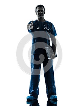 Doctor man silhouette standing full length gesturing handshake