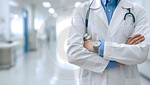 Doctor Man With Stethoscope on white blurred Hospital