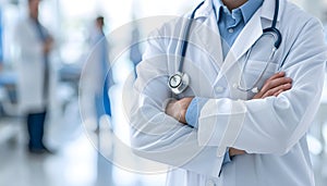 Doctor Man With Stethoscope on white blurred Hospital