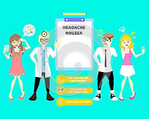 Doctor with man and woman having nausea and migraine headache and woman take medicine pill drug,health care infographic concept