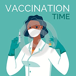 Doctor in mask, latex gloves with syringe and vaccine in his hands. Vaccination time. Vector illustration. Cartoon. Flat