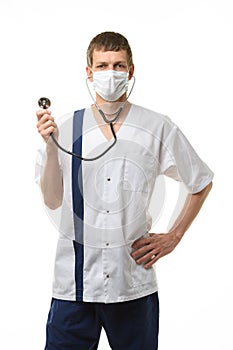 Doctor in mask with phonendoscope in hands isolated on white background