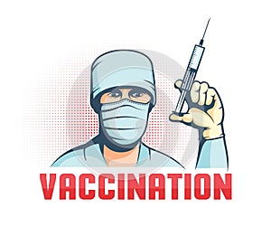 Doctor in mask with syringe in hand - retro vaccination poster