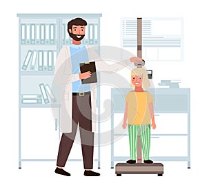 Doctor measures the child s height. Patient on consultation in medical office with a doctor